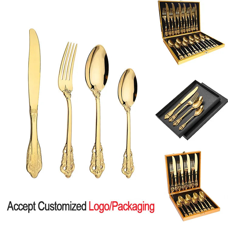 Wholesale Luxury Golden Cutlery Flatware Set 12/16/24PCS Silverware Set Stainless Steel Silverware