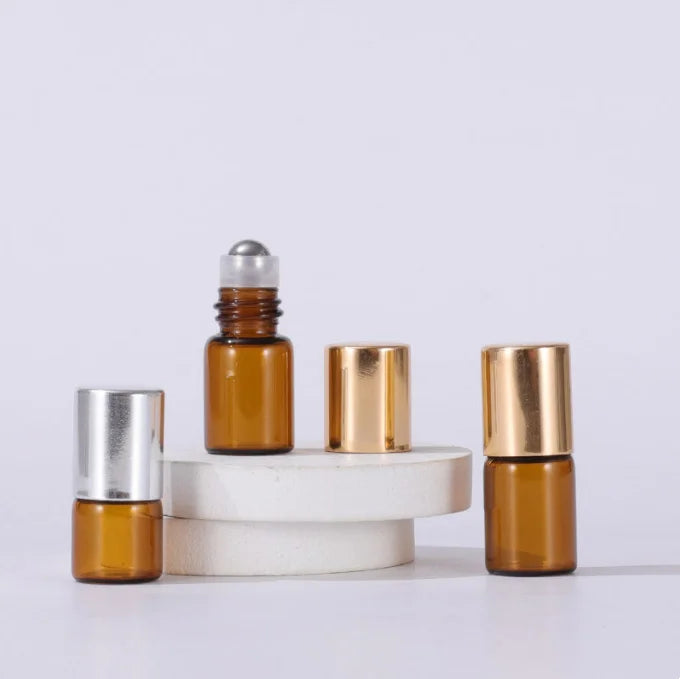 Free Sample Gold Silver Roll on Cosmetic Packaging 1ml 2ml 3ml Amber Brown Glass Roller Essential Oil Bottle
