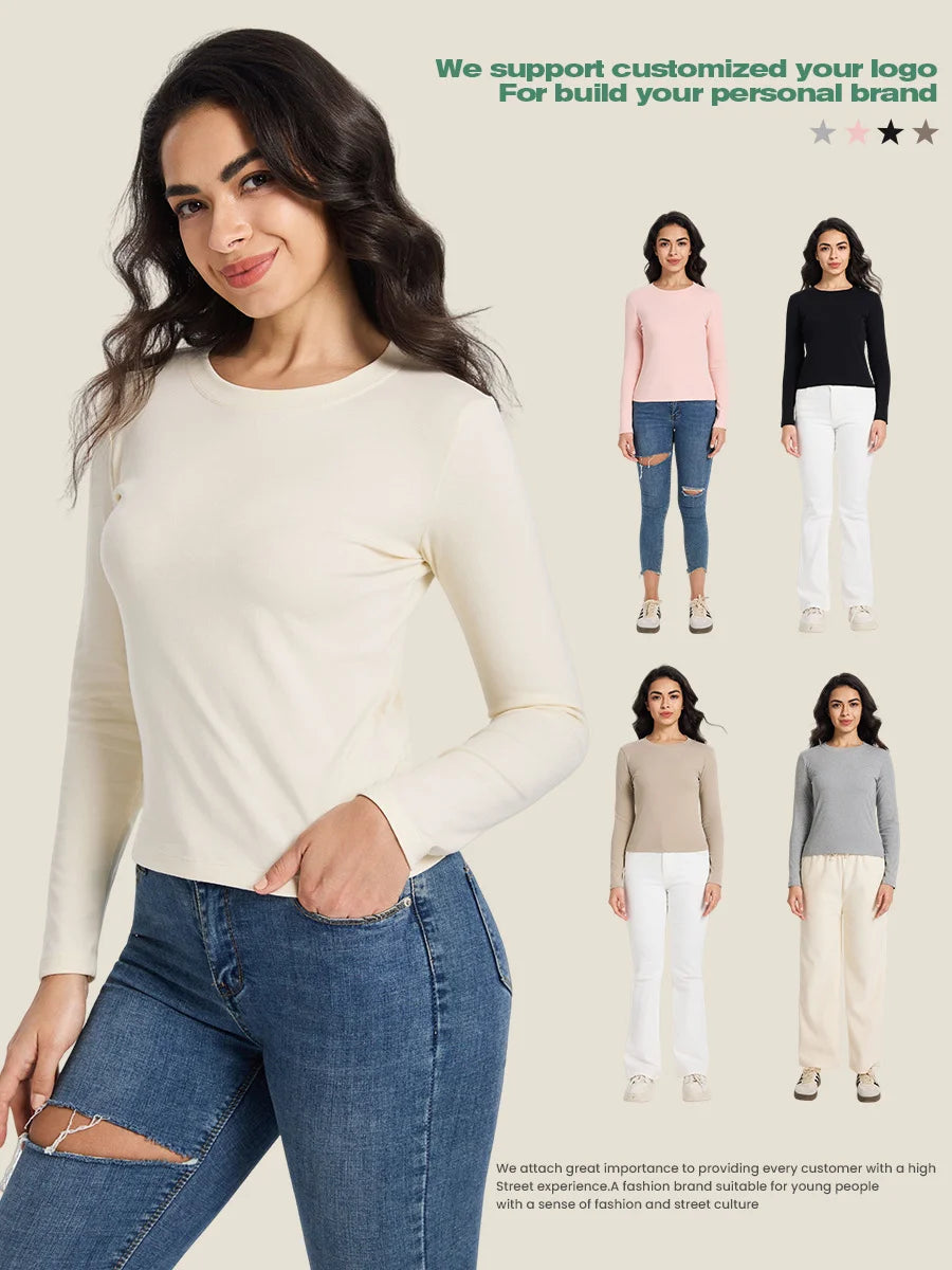 Spring Summer Women Slim Casual T-Shirt Long Sleeve O-neck Solid Bottoming Shirt Lady Pullover Blouse Top