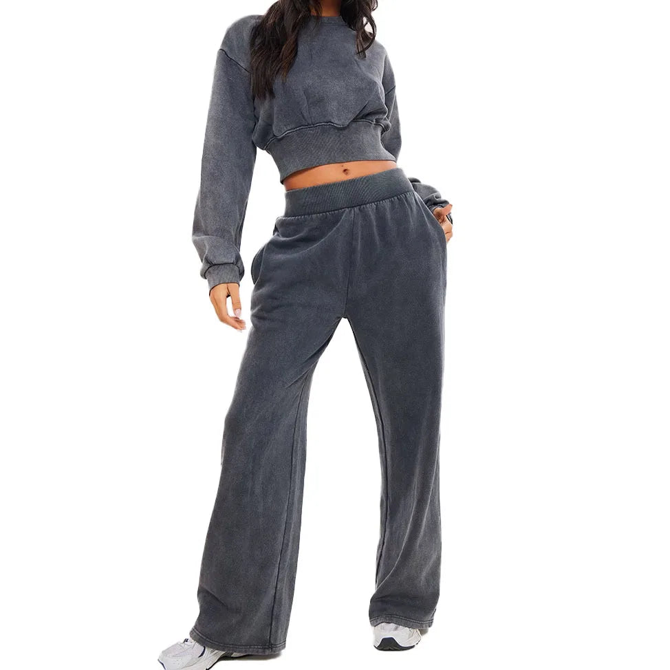 Custom Logo Women's Washed High Waisted Wide Leg Sweatpants Cropped Long Sleeve Sweatshirt Sweatsuit for Women