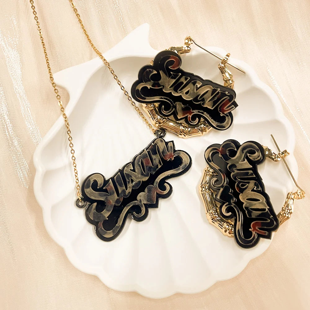 QIUHAN OEM Acrylic Tortoiseshell Print Acrylic Custom Name Necklace Earring Set