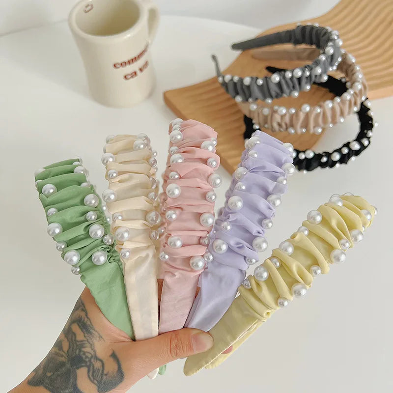 Korean Style Solid Color Lady Pearl Headband Fresh Pleated Simple Beautiful Hair Accessories with Face WashF898