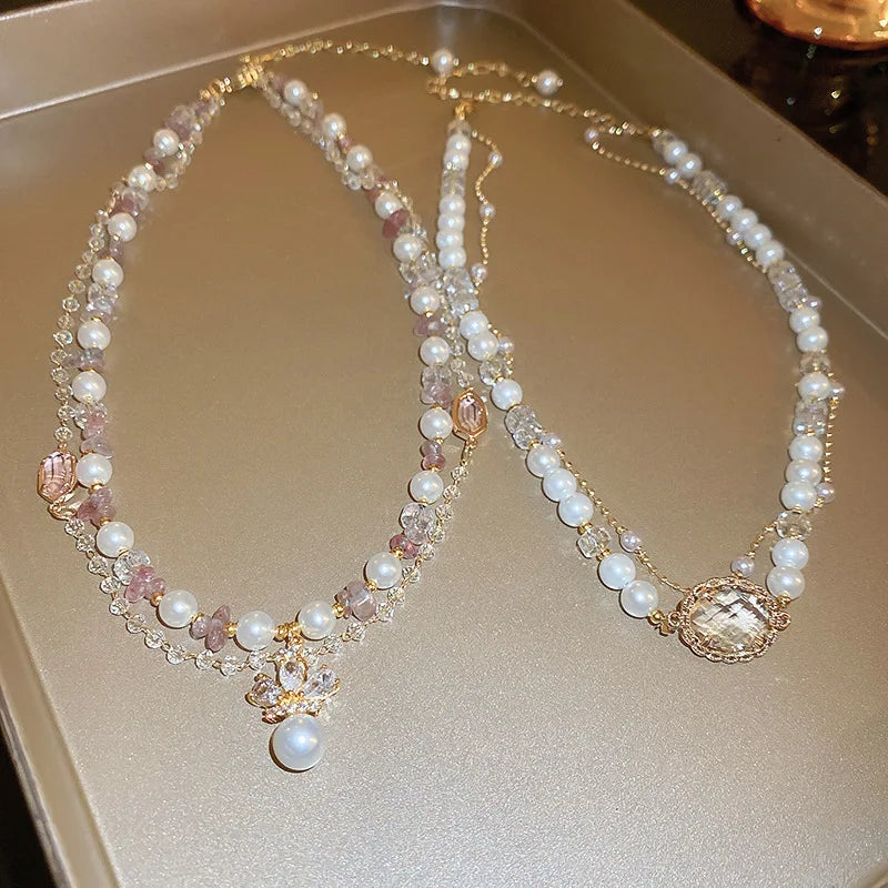 Valentine's Day Gifts French Retro Pearl Double Layers Necklace Temperament Collarbone Chain Crystal Necklace Pendant for Women