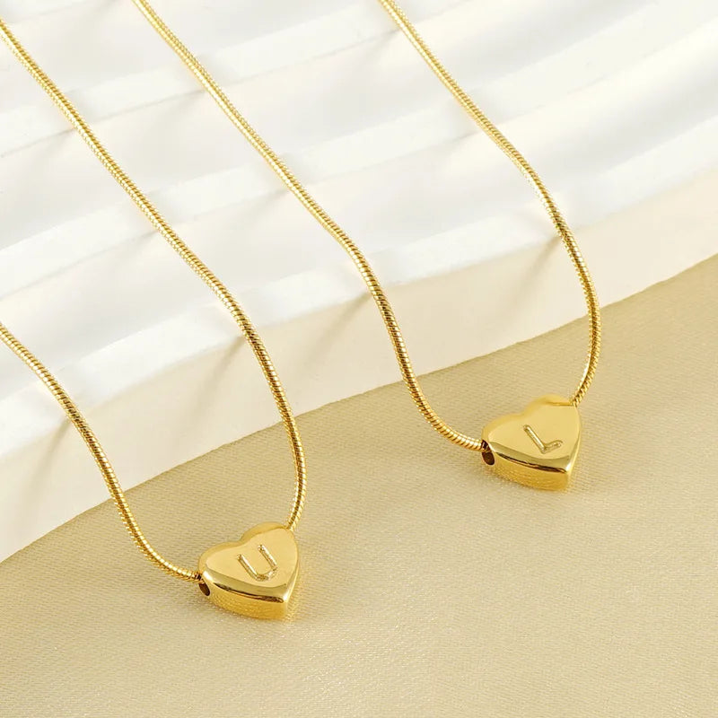 Stainless Steel 18K Gold A~Z Heart Shaped Engraved English Letter Initial Pendent Necklace