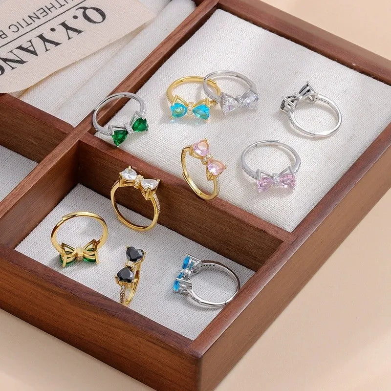 Fashion Jewelry 925 Sterling Silver Cute Bowknot Zircon Ring for Women 18K Gold Plated Custom Adjustable Rings Wholesale