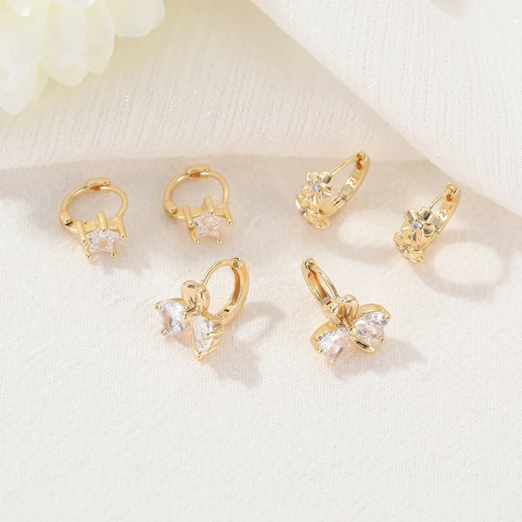 Wholesale Cute Brass 14K Gold Plated Zircon Jewelry Hoop Earrings Clover Star Flower Simple Daily Huggie Earring