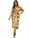 Women Print Dresses Elegant Office Ladies Long Sleeves Autumn Fashion With Waist Belt Classy Female Vestidos New Work Wear Lady