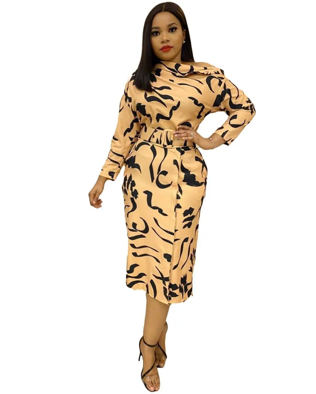 Women Print Dresses Elegant Office Ladies Long Sleeves Autumn Fashion With Waist Belt Classy Female Vestidos New Work Wear Lady