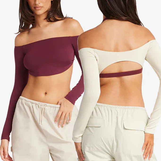 Women's Tight Fitting Elastic Fitness T-Shirt One Line Neck Off Shoulder Yoga Shirt Beautiful Back Long Sleeved Top