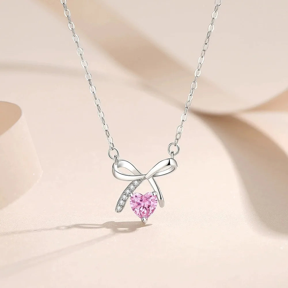 Fashion Necklace Jewelry 18K Gold Plated 925 Sterling Silver Charms Bowknot and Heart Zircon Pendant Necklace Chain for Women