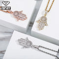 14K White Gold Rhodium Plated Hamsa Hand Necklace Pendant Hip Hop Jewelry Iced Out Hand Pendant Necklace