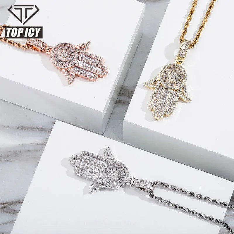 14K White Gold Rhodium Plated Hamsa Hand Necklace Pendant Hip Hop Jewelry Iced Out Hand Pendant Necklace