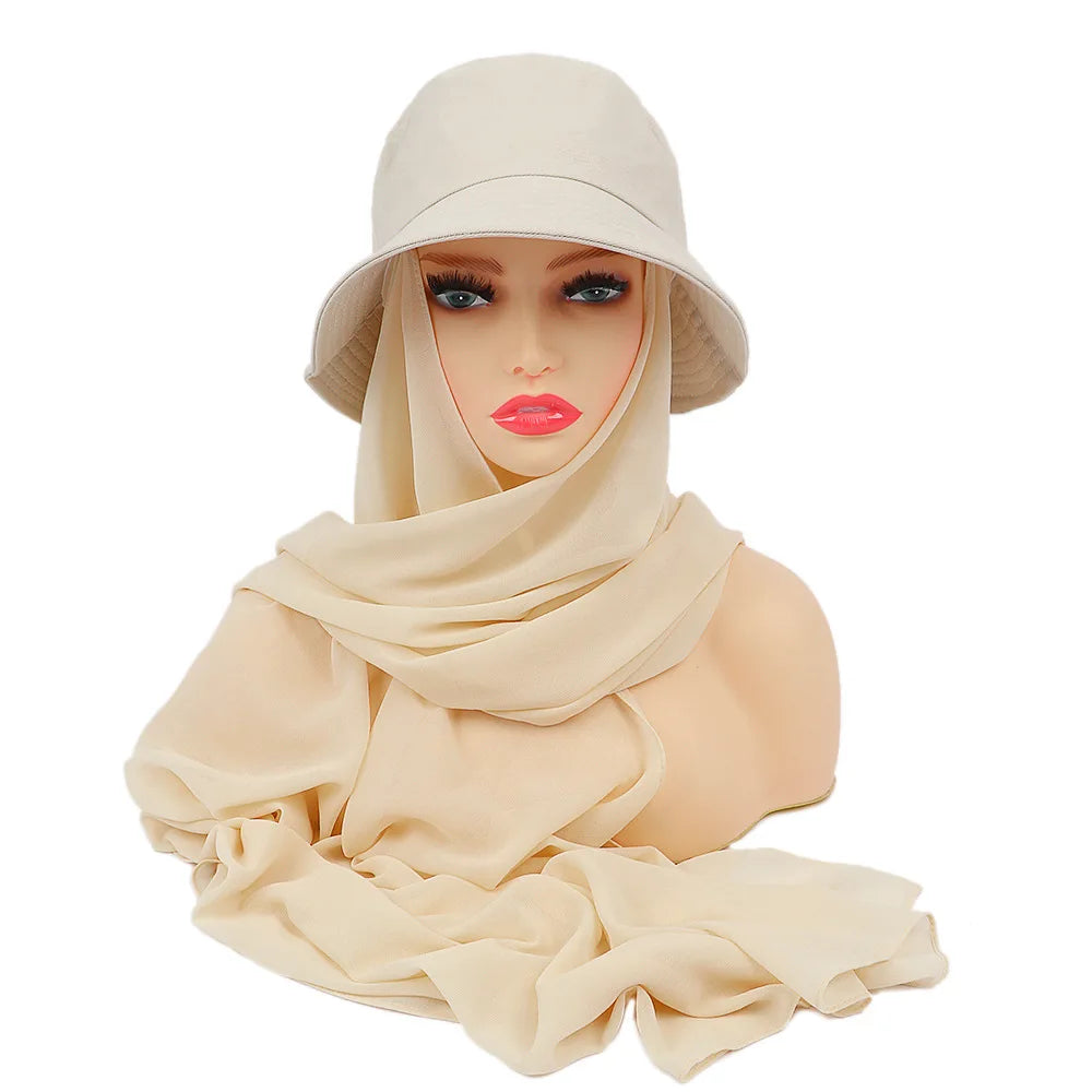 2026 New Design Popular Summer Chiffon Hijabs Plain Color Chiffon and Fisherman Hat in One 2 Piece Scarf Set