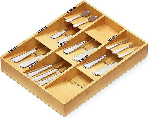 Bamboo silver drawer organizer with labels kitchen utensil tray organizer for cutlery spoons and knives (9 slots)
