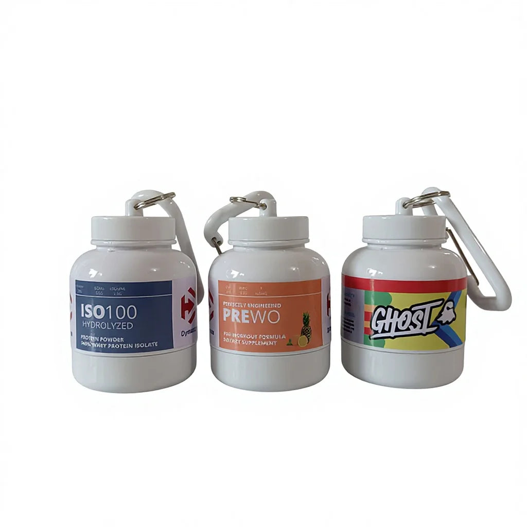 Eco-Friendly Portable BPA Free PP Plastic Custom Sticker Label Protein Container for Keychain Powder Containers Funnel Direct