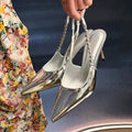 2024 Women's Silver Elegant High Heels Fine Pointed Toe Shoes with Single-Shoe Design Daily Wear Patent Leather Upper for Summer