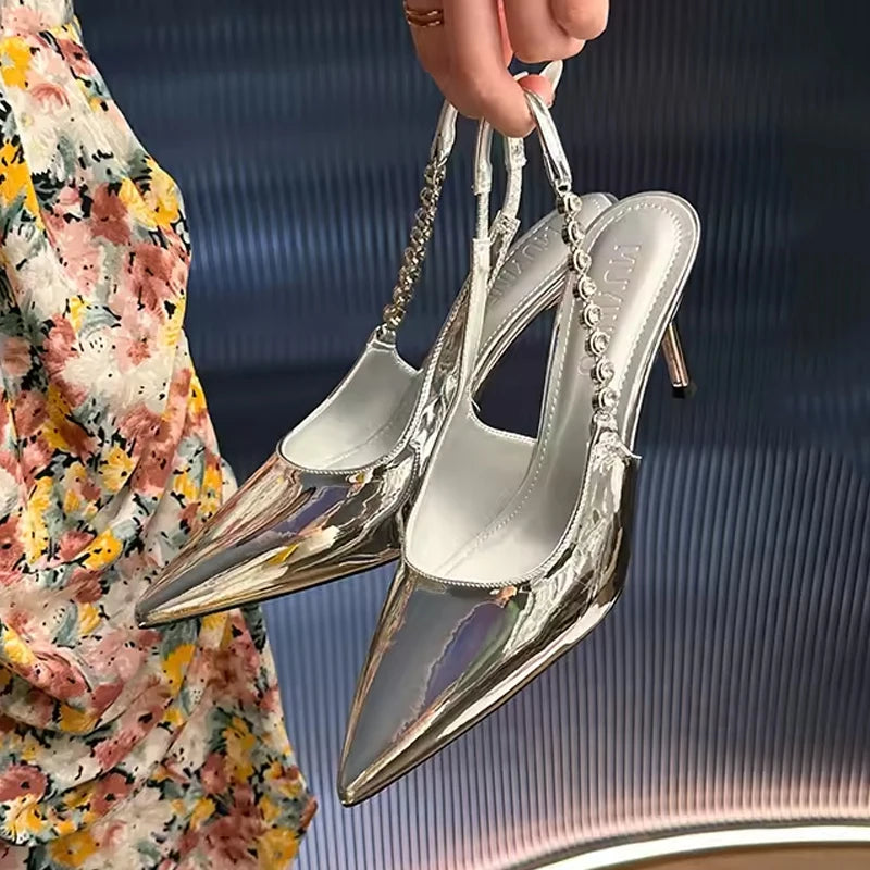 2024 Women's Silver Elegant High Heels Fine Pointed Toe Shoes with Single-Shoe Design Daily Wear Patent Leather Upper for Summer