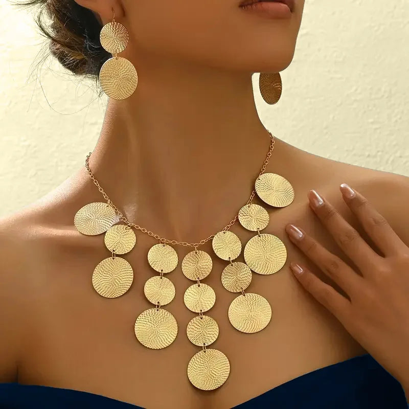 2025 New Arrival Fashion Jewelry Vintage Fashion Earrings and Necklace Set Punch Pattern Circles Simple Necklace Earrings Sets