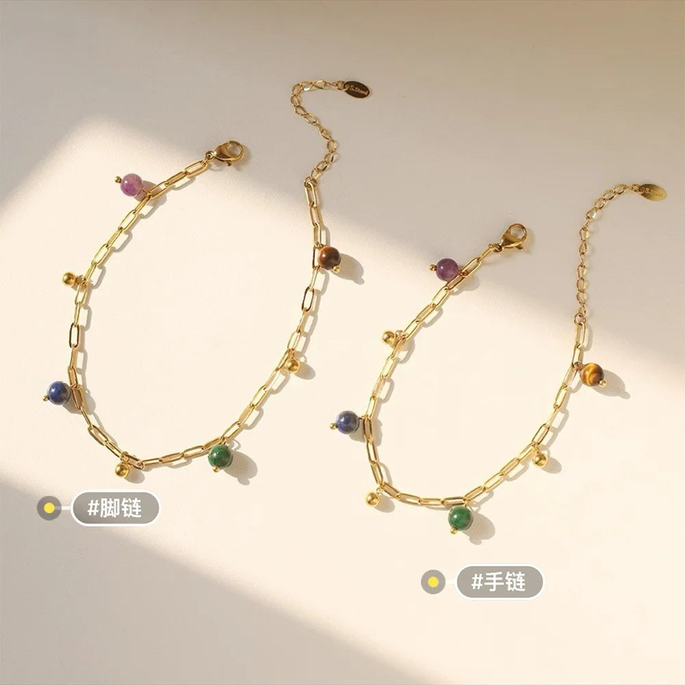 Wholesale Gold Bead Paperclip Charm Bracelet Anklet Natural Lapis Lazuli Amethyst Green Quartz Tiger's Eye Colorful Fashion