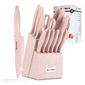 Pink Coding 14 Pieces Stainless Steel Blade Knife Set with Wooden Stand Kitchen Scissors