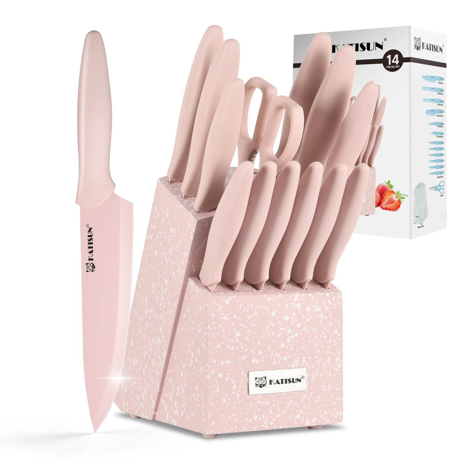Pink Coding 14 Pieces Stainless Steel Blade Knife Set with Wooden Stand Kitchen Scissors