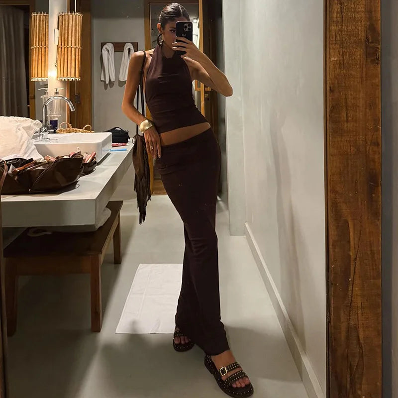 OOTN 2025 Spring European American Women's Fashion New Sexy Halter Neck Backless Camisole Slim Solid Floor-Length Summer Dress