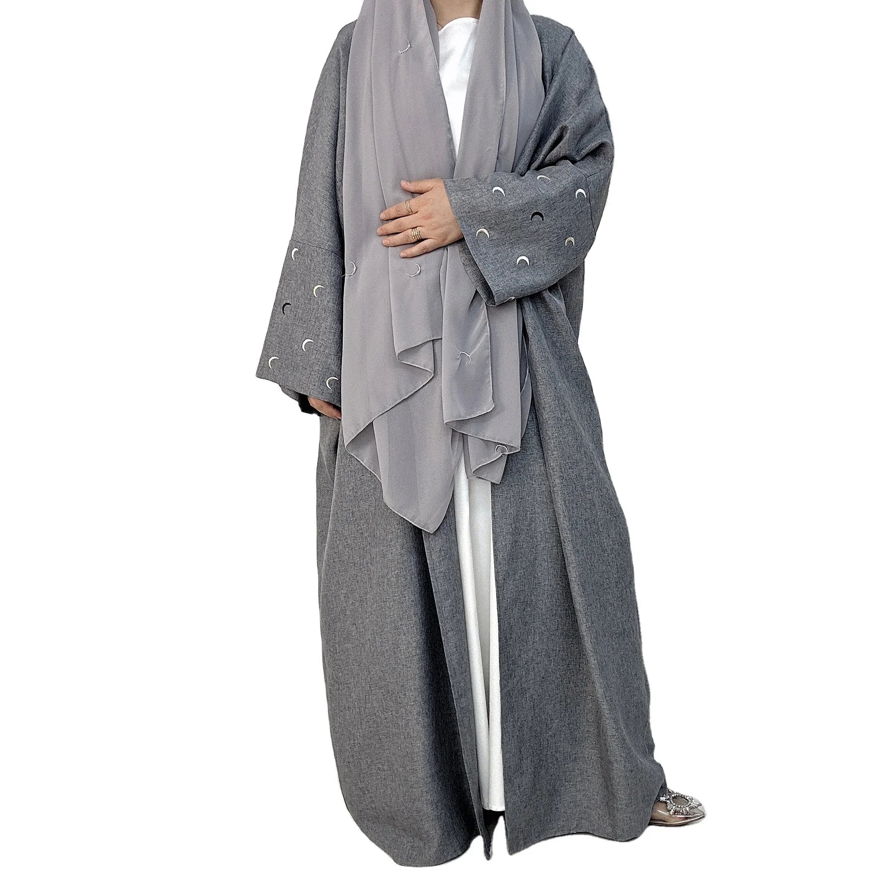 2024 New Open Abaya for Eid Ramadan Embroidered Kimono Style Cotton Linen Cardigan Robe for Islamic Muslim Women Traditional