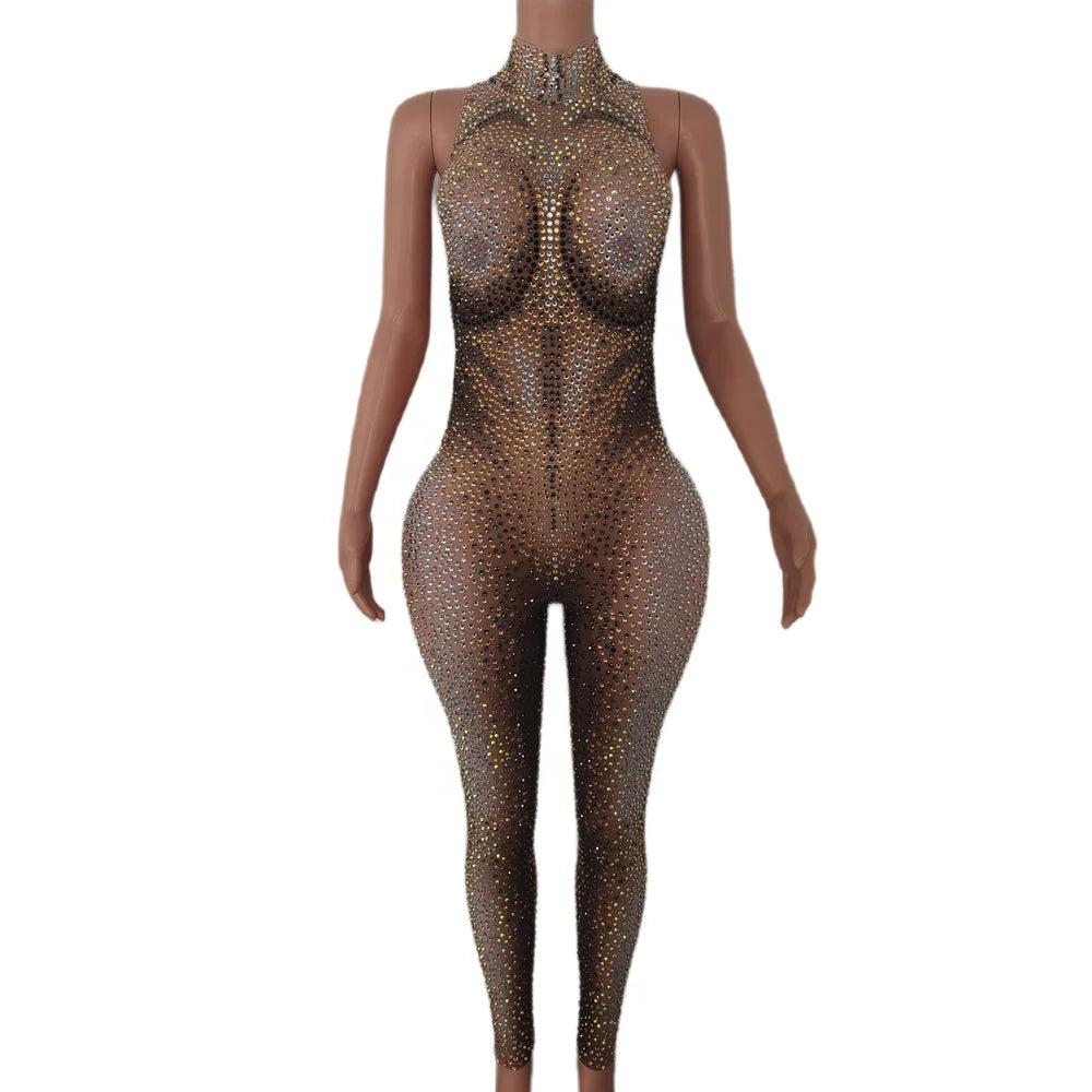 Sexy Sleeveless Stretch Mesh Rhinestone Bodysuit Drag Queen Pole Dance Leotard Ladies Rompers Club Party Women Bodycon Jumpsuits