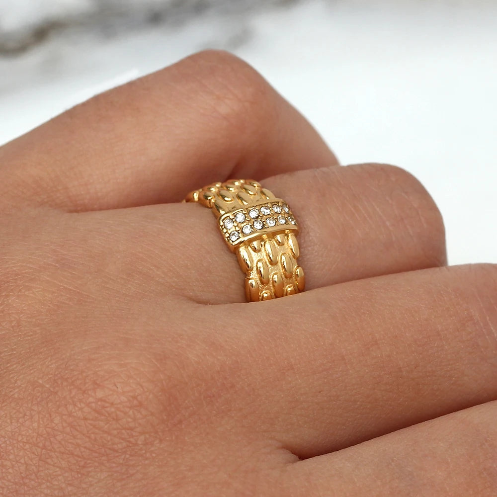 INS Popular Jewelry Stainless Steel 18K Gold Plated Ring Woven Pattern Dainty Zircon Ring for Women Men