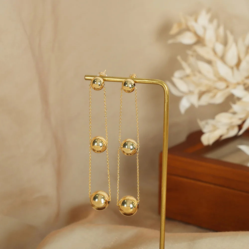 Light Luxury Gold Plated Geometric Pendant Tassel Earrings Women Fashion Copper Ball Drop Earrings Hot Selling Boucles Doreilles