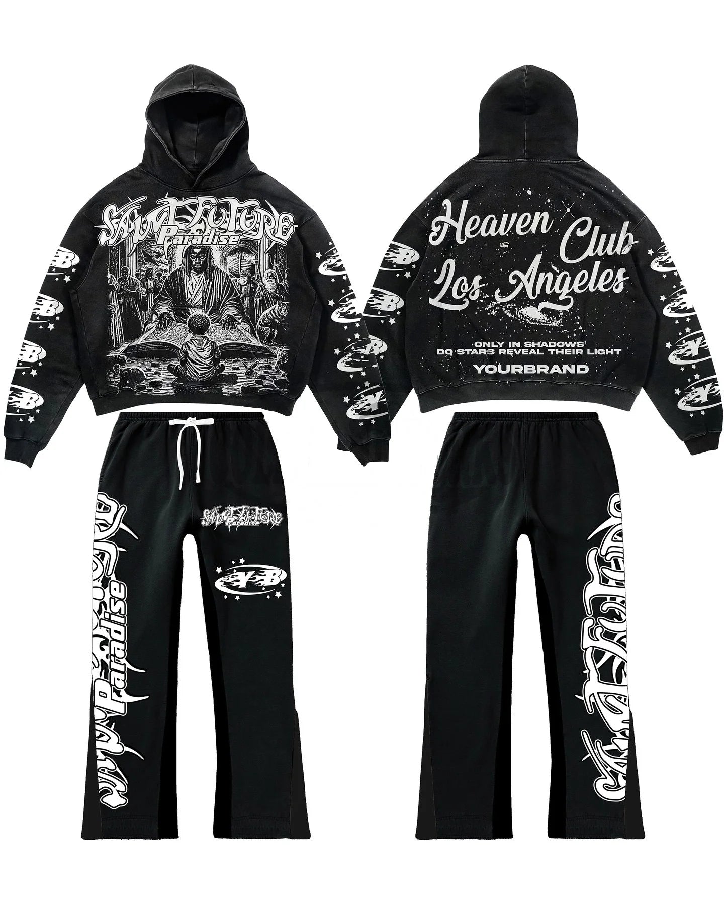 OEM ODM Custom Oversized Acid Wash Dtg Print Graphic Heavyweight Cotton Distressed Streetwear Sweatpants Amd Hoodie Set for Men