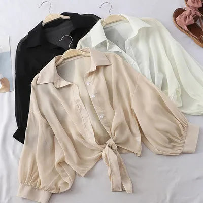 New _ Summer Half Sleeve Buttoned up Shirt Loose Casual Blouse Chiffon Shirts Women Tied Waist Elegant Blouses for Women
