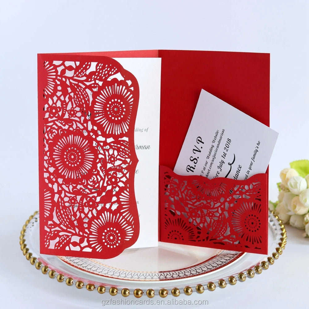 Custom Brilliant Red Business Invitation Card Laser Pocket Invitation Customized Wedding Invitation Cards Greeting Cards MegaBDM