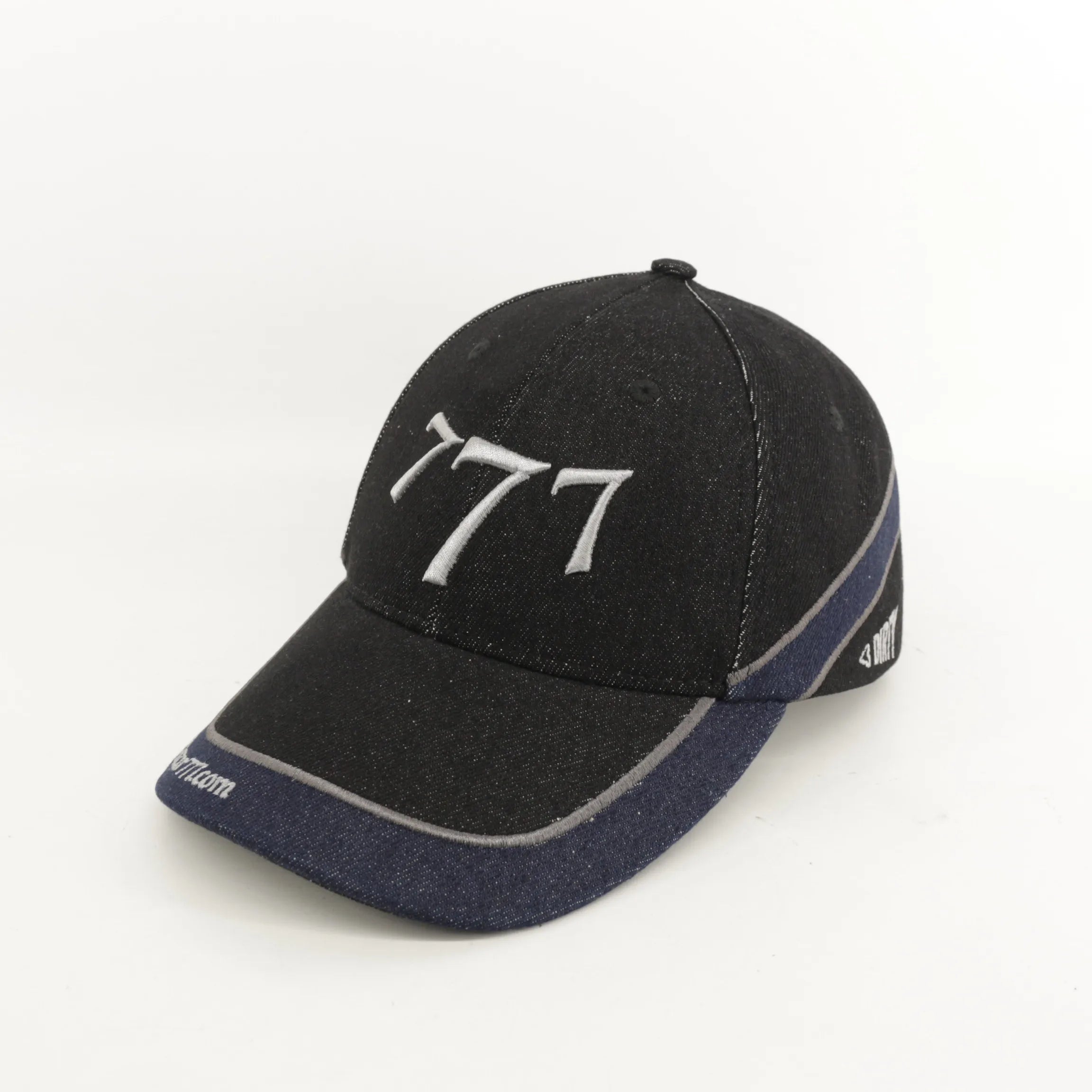 Custom Oxford Denim Cotton 6 Panel Structured Adjustable Baseball Cap with Embroidery Logo Car Racing Design Dot Pattern