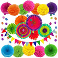 DAMAI Multicolor Hanging Paper Fans Pom Poms Flowers Garlands String Polka Dot and Triangle Bunting Flags Fiesta Mexican Party