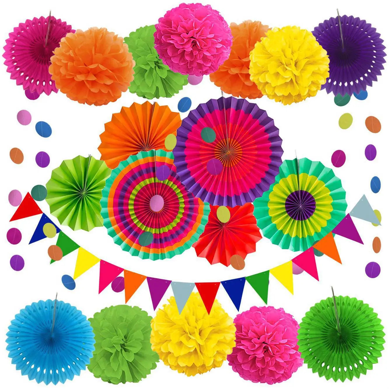 DAMAI Multicolor Hanging Paper Fans Pom Poms Flowers Garlands String Polka Dot and Triangle Bunting Flags Fiesta Mexican Party
