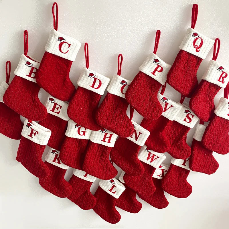 Classic Red Wool Knitted Christmas Stockings with Festive Pendant Decoration Lettered Holiday Decorations