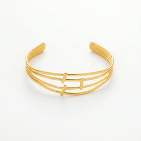 QIAOREN 12672 Sleek Triple Parallel Linked Rod Adjustable Open Cuff Bracelet Tarnish Free Stainless Steel 18K Gold Line Wrist