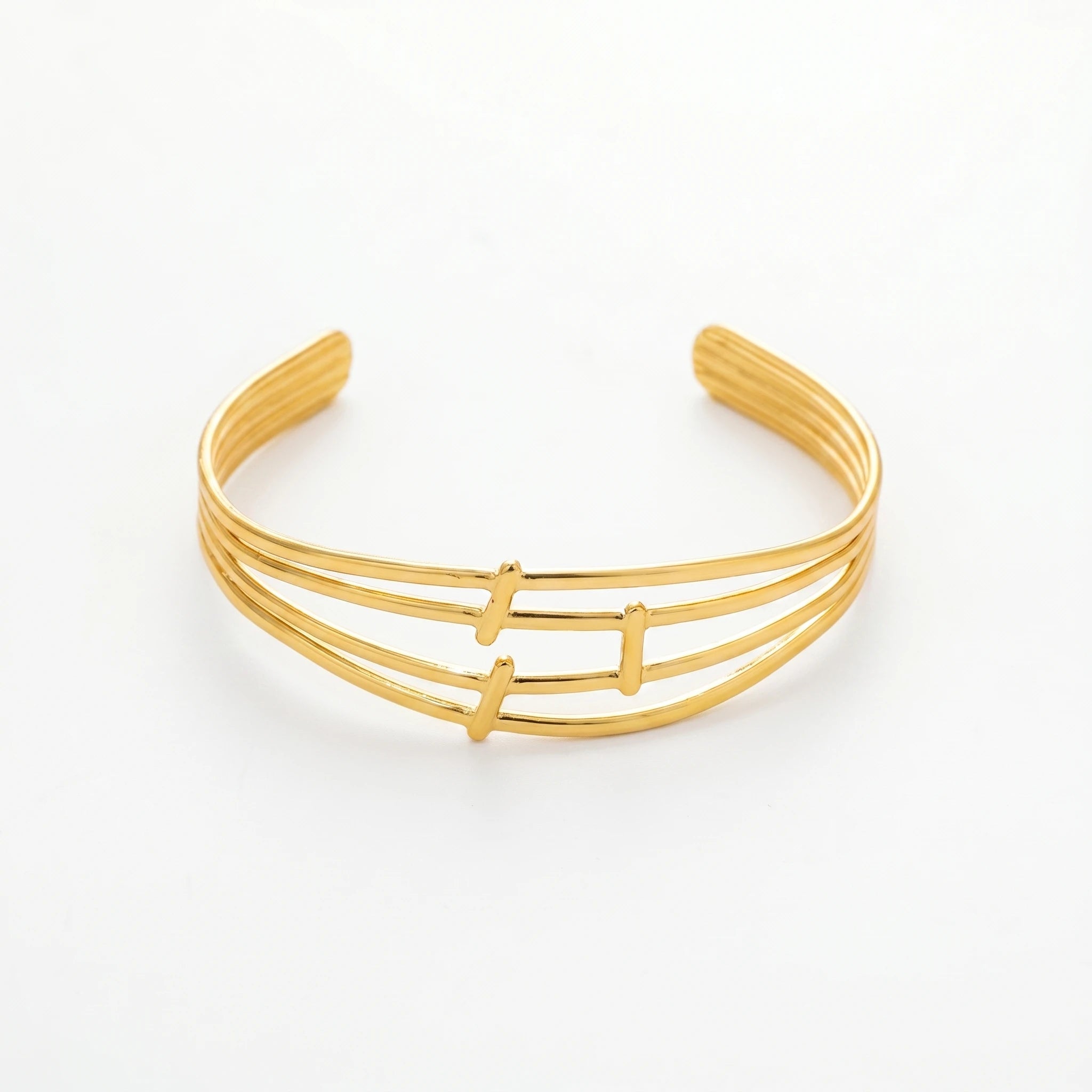 QIAOREN 12672 Sleek Triple Parallel Linked Rod Adjustable Open Cuff Bracelet Tarnish Free Stainless Steel 18K Gold Line Wrist