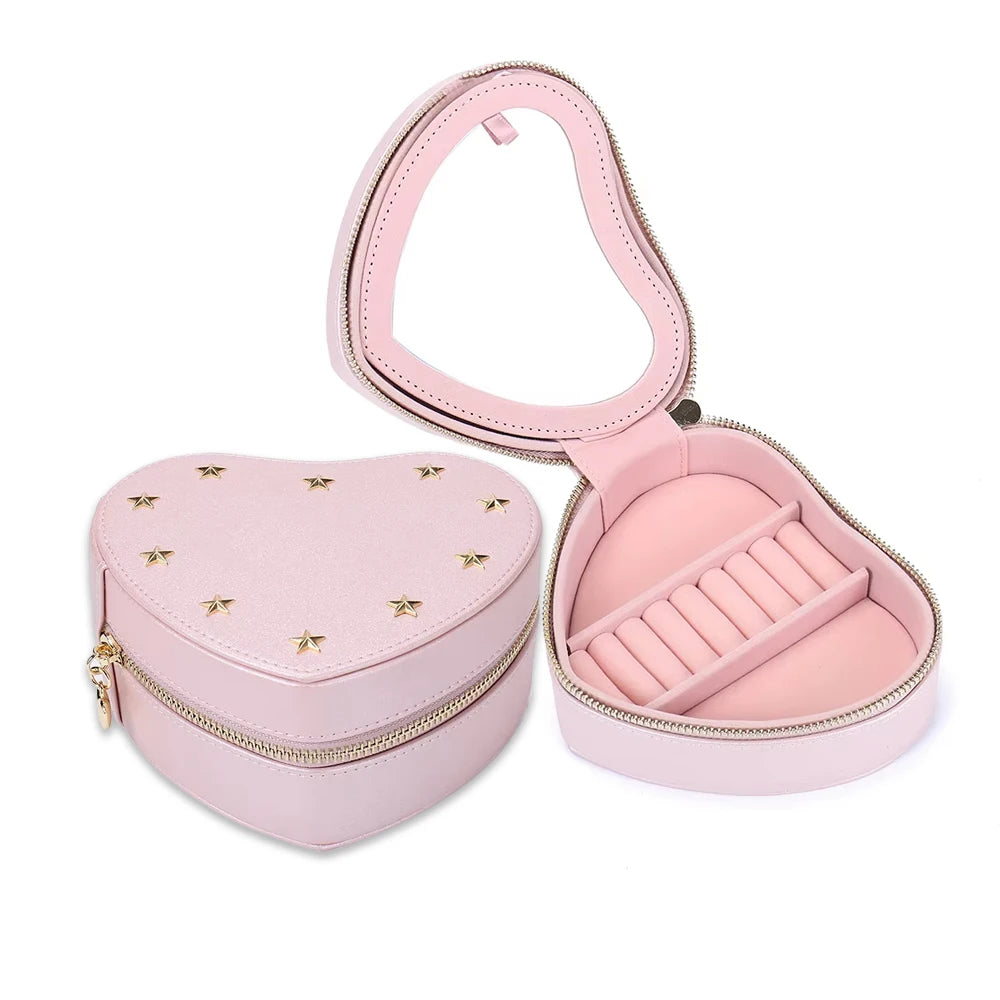 New Pu Leather Portable Jewellery Organizer Storage Travel Case Small Heart Jewelry Gift Box with Logo