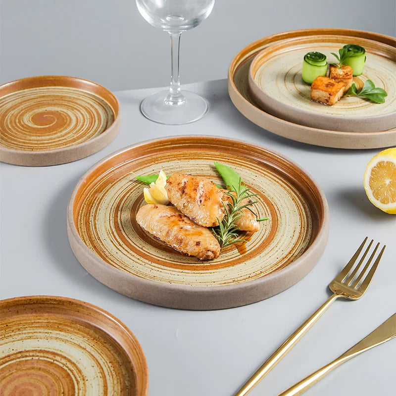 Luxury 8 Inch Ceramic Clay Plates Set New Gold Edge with Green Color High-Temperature Portable Flat Pottery for Restaurant Use