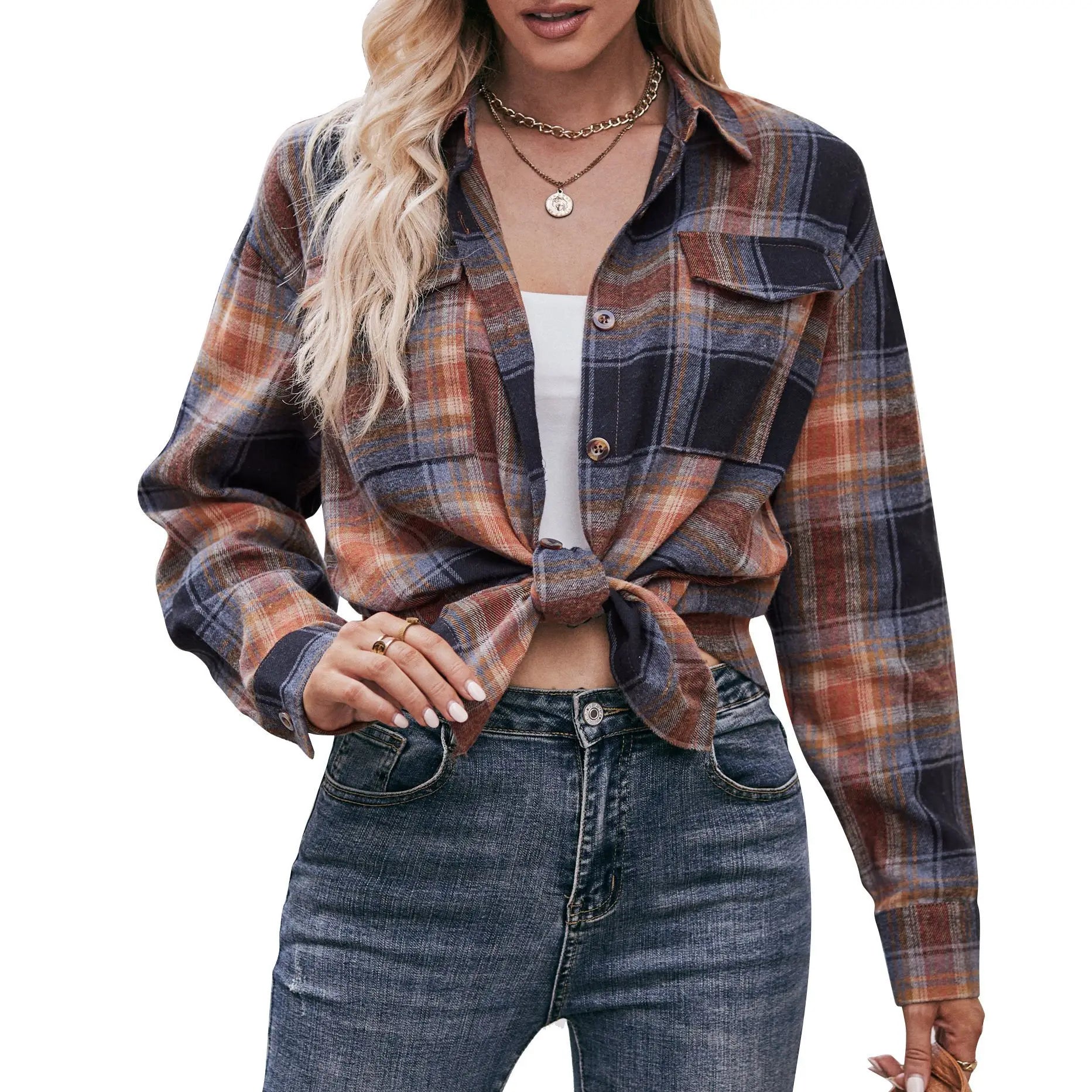 Hot Sale Women's Spring Autumn Knitted Shirt High Quality Long Sleeve Plaid Casual Tops with Button Turn-Down Collar