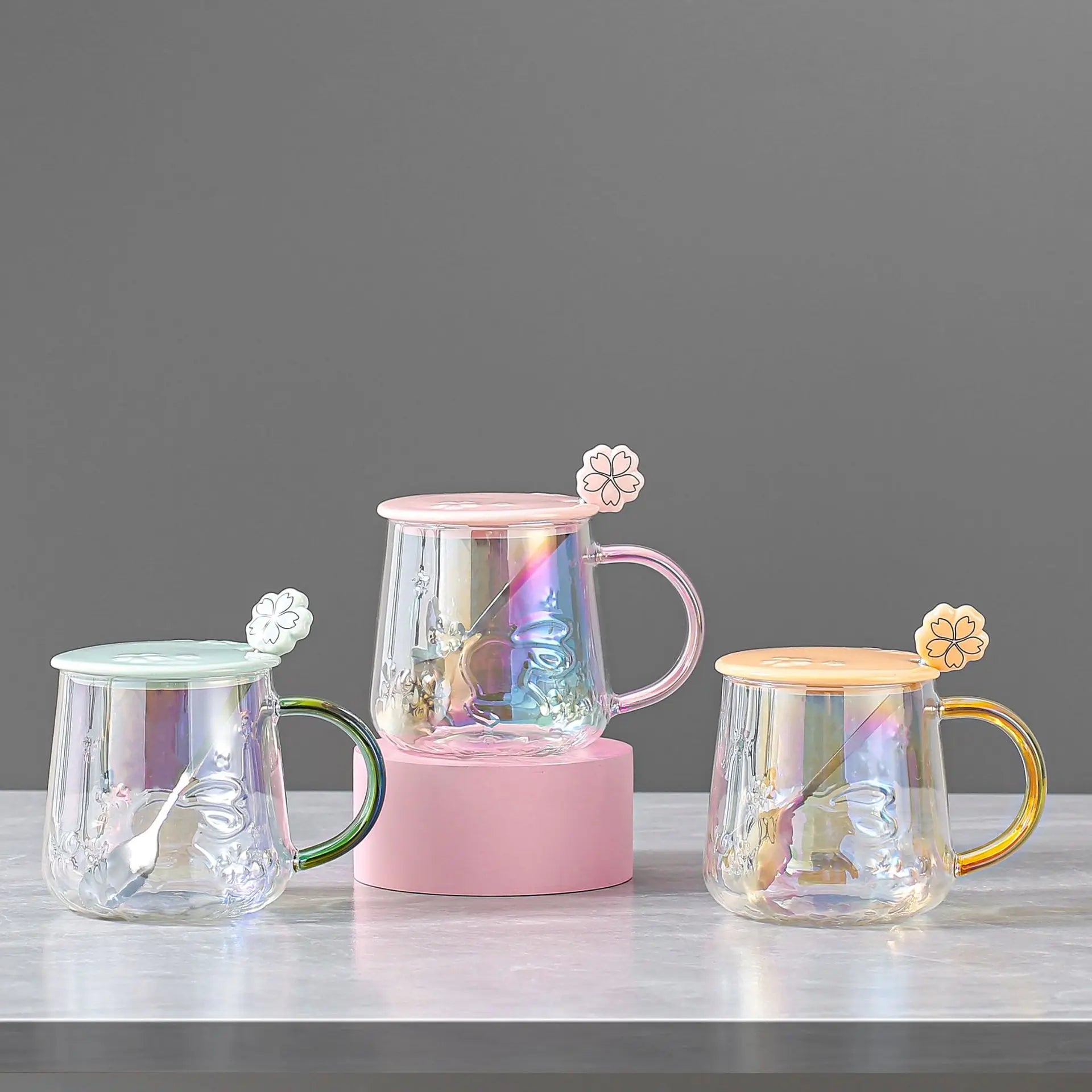 Nature Rattan Sakura Embossed Glass Mug Nordic Style Vintage Handle Coffee Juice Yogurt Ice Cream Cup With Lid