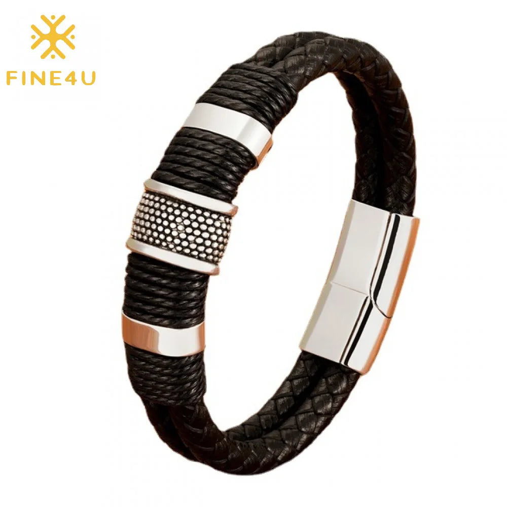 Male Fashion Jewelry Pulseira Masculina Magnetic Buckle Braided Rope Men Bracelets Leather and Stainless Steel