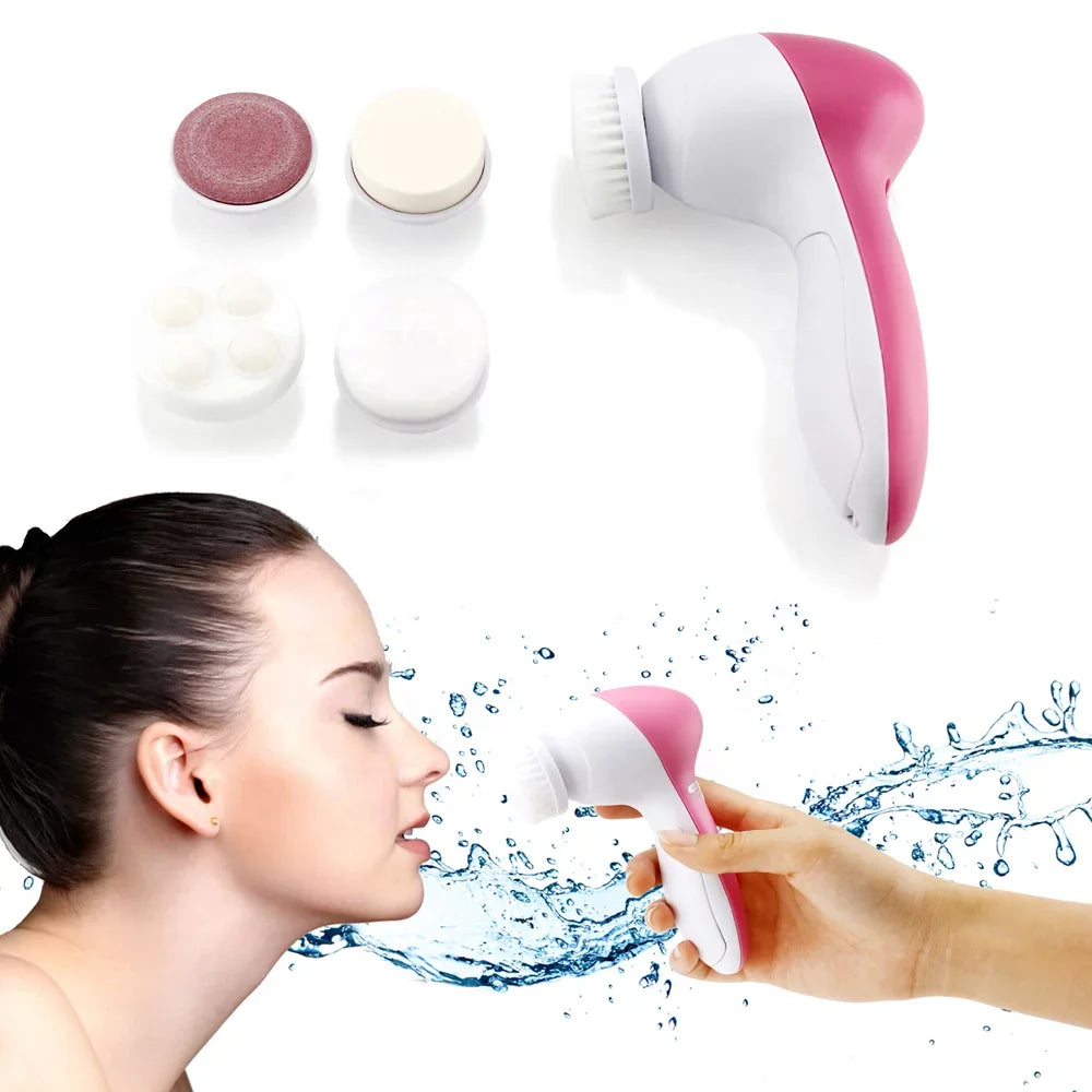 Pink with White 5 in 1 Electric Beauty Face Facial Cleansing Spin Brush and Massager