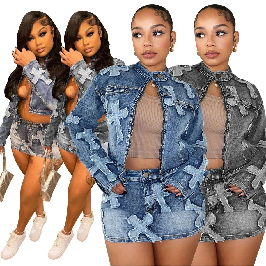 Wholesale Women Denim Skirts Two Piece Sets Mini Dresses Denim Jackets Embroidery Patch Fashion Spring Outfits