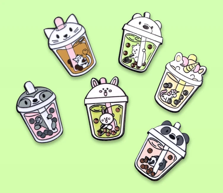 Low MOQ Custom Cute Milk Tea Cup Enamel Brooch Pins Cartoon Designs Brooch Pins Hats Bags Lapel Pins
