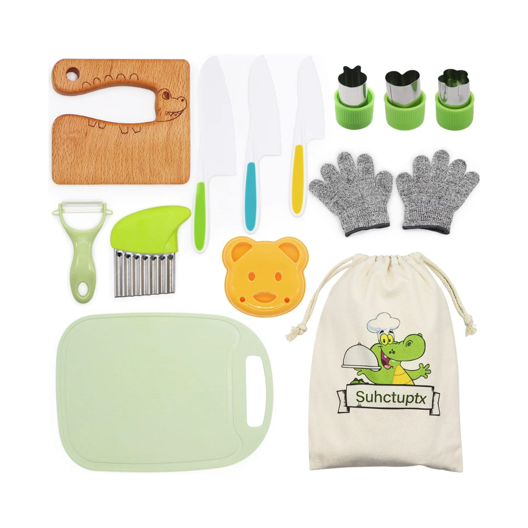 Customization 14 Pieces Wooden Kids Kitchen Knife Set with Cutting Board Fruit Vegetable Crinkle Cutters Real Cooking Set
