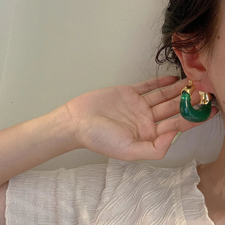 Trend French Retro Exaggerated U-shaped Gold Plated Earrings Resin Earrings All Match Jewelry