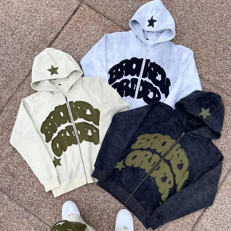 Custom Oversized Heavyweight Cotton Vintage Acid Washed Distressed Patch Applique Embroidery Zip up Hoodie for Men